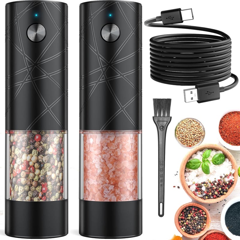Lidaop 2Pack Electric Salt and Pepper Grinder Set USB Rechargeable with Warm LED Light, Adjustable Coarseness Large Capacity Automatic Salt Pepper Mill Shakers for Kitchen, Restaurant, Upgrade Black - Image 1